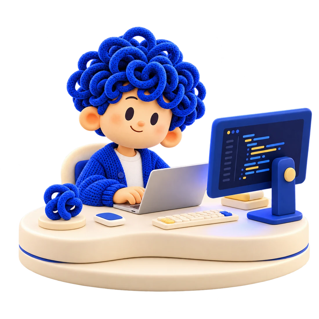 KYODA coding at a laptop with a blue monitor, keyboard and sculptural curly knot.
