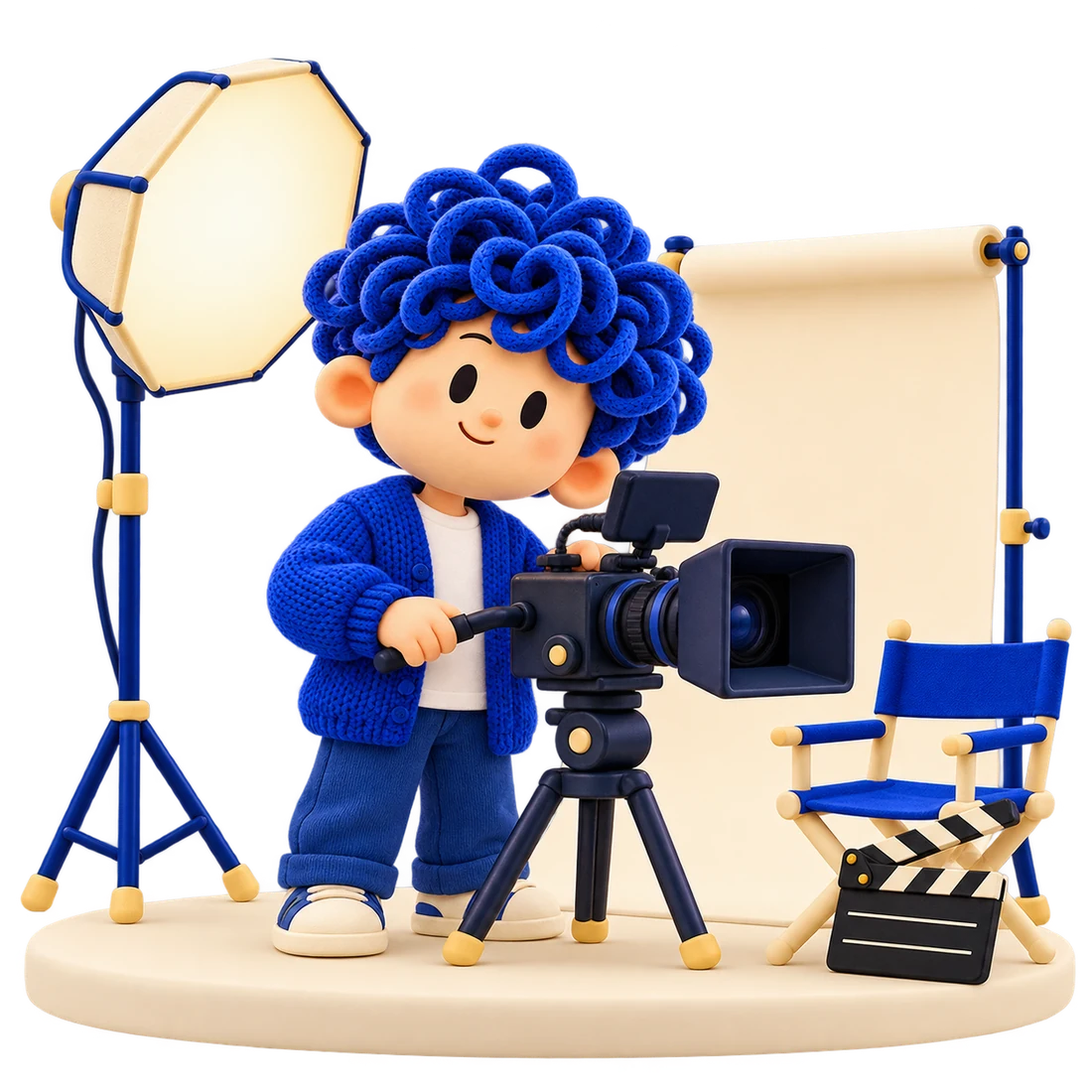 KYODA directing a miniature film set with a cinema camera, softbox and director's chair.